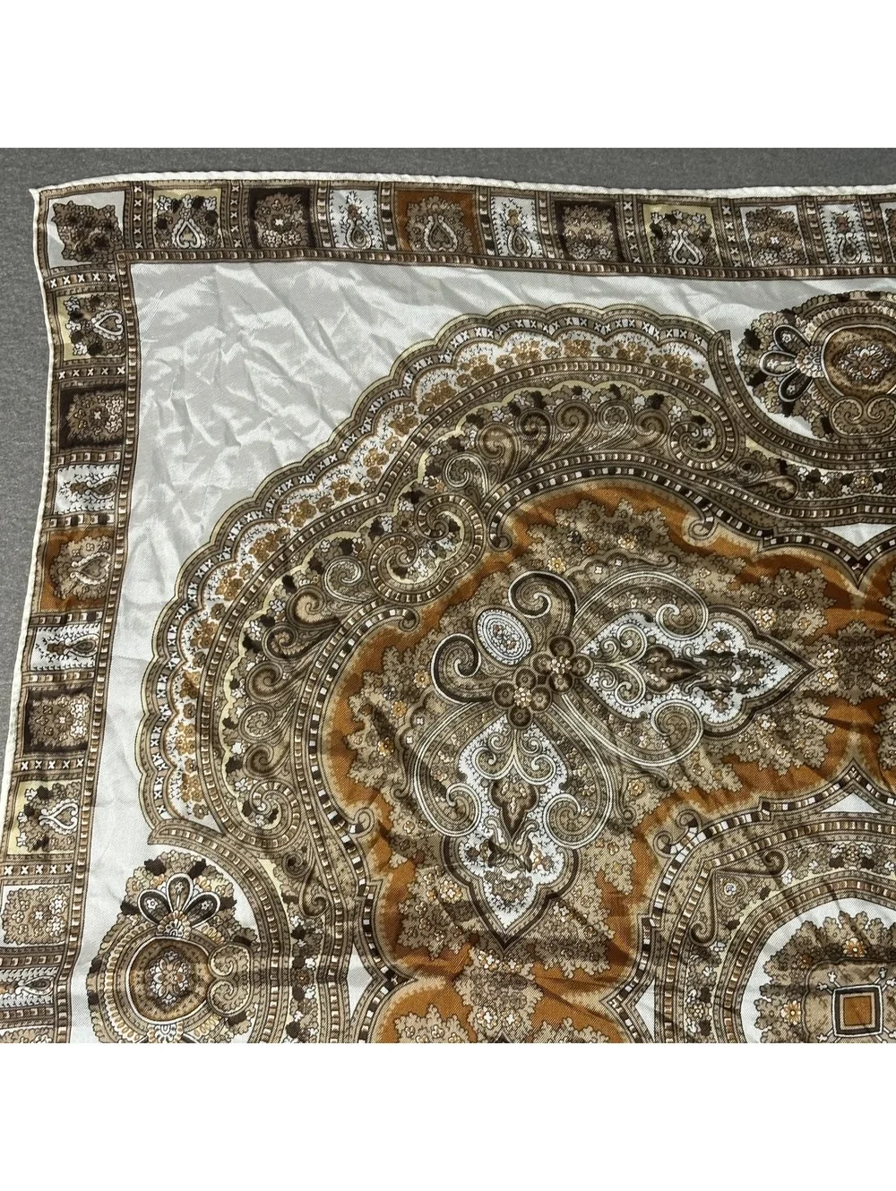 Vintage Square Mandala Pattern Silky Scarf in Cream and Brown